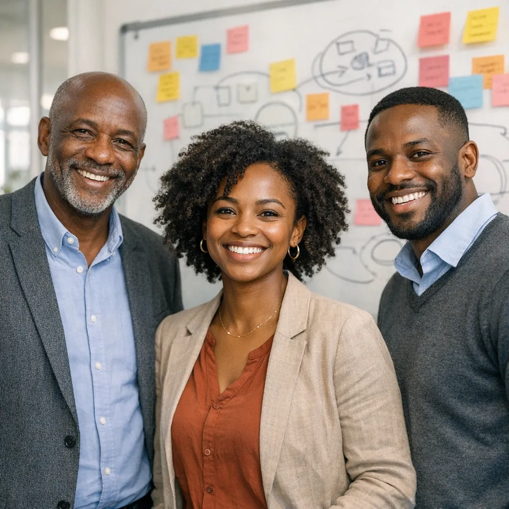 Équipe CCG - Trois collaborateurs souriants en réunion de travail